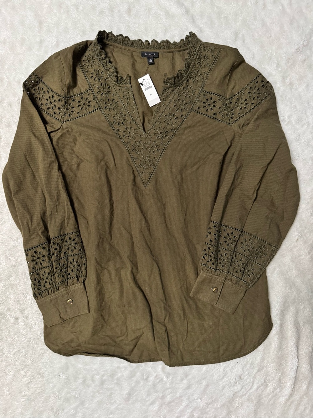 NWT- Talbots Olive Eyelet V-Neck Cotton Blouse